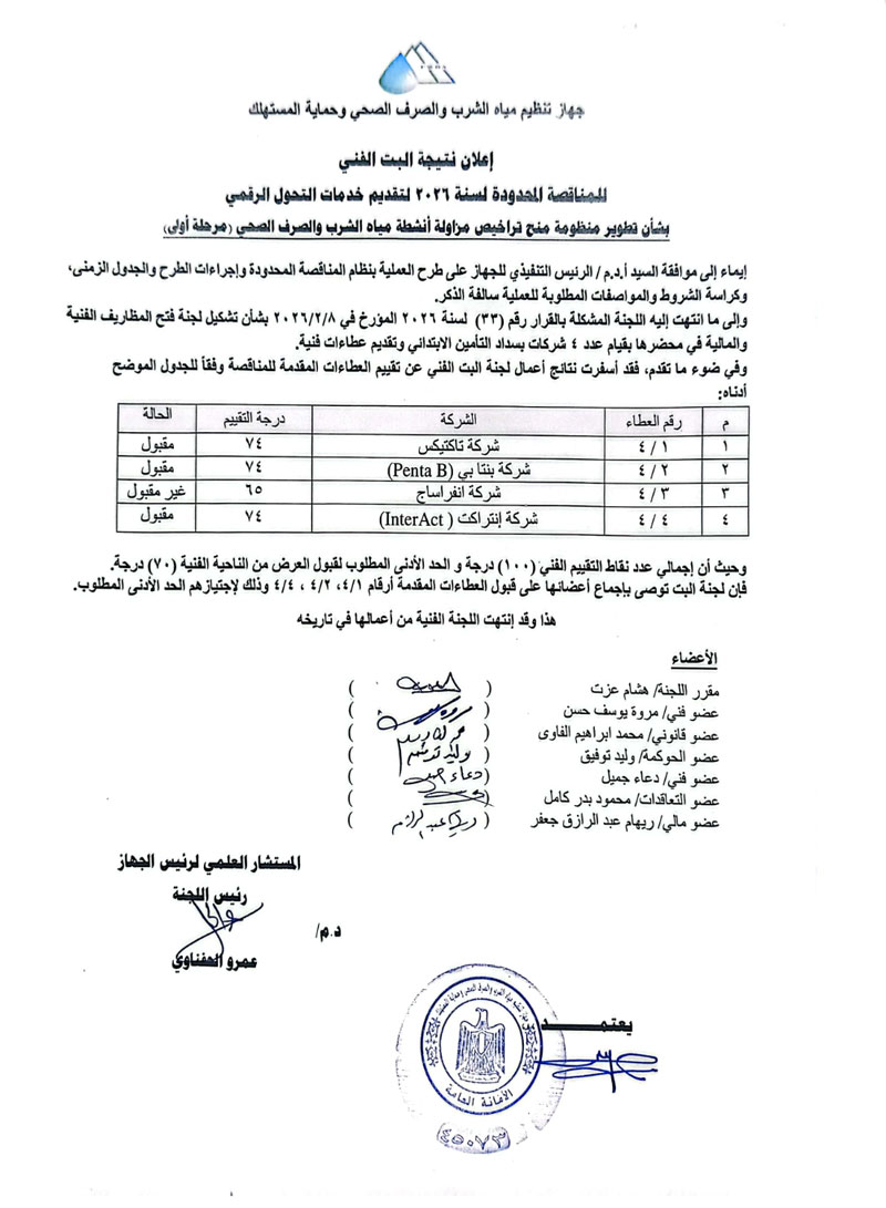 نتيجة البت الفني للمناقصة المحدودة لتقديم خدمات التحول الرقمي